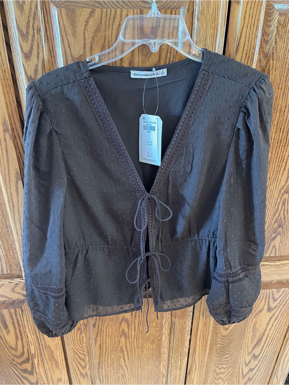 Abercrombie & Fitch Dark Brown Tie-Front Swiss Dot Peplum Blouse